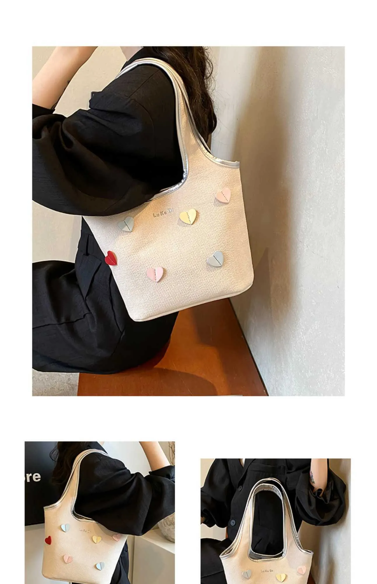 Borsa a secchiello in denim da donna con cuori grande a spalla_voghion.com