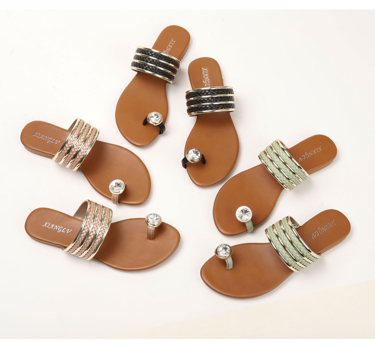 Sandali romani con fibbia a una parola con fibbia a diamante per donna, scarpe da donna intrecciate alla moda e comode_voghion.com