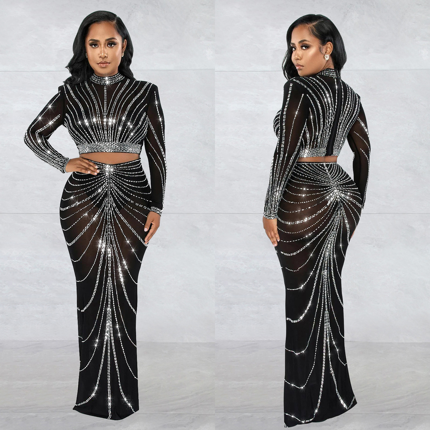 Women's Clothing Mesh Mesh See Through Long Sleeved Long Skirt Two Piece Set