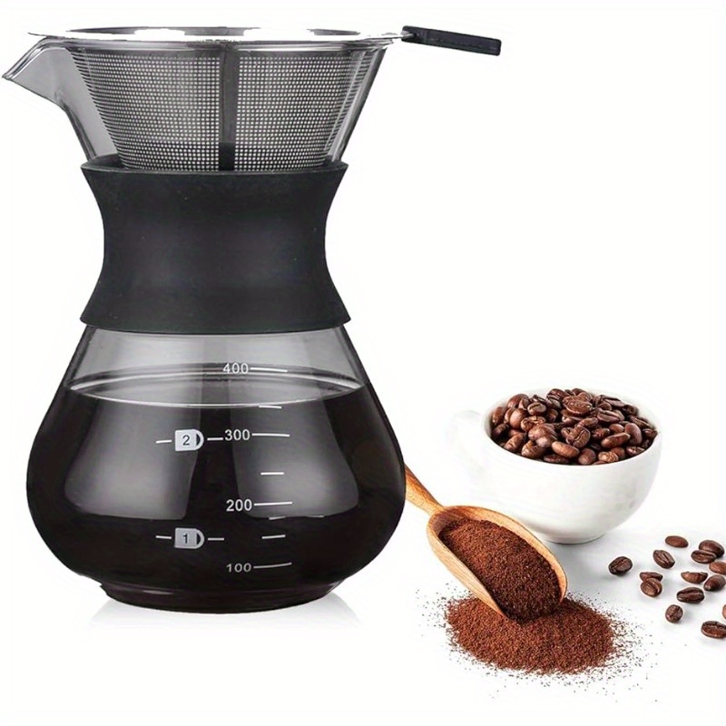 Pour Over Coffee Maker With Double-layer Stainless Steel Filter, 400ml/14oz Hand Manual Coffee Dripper Brewer & Glass Coffee Pot (400ML/ 14oz)
