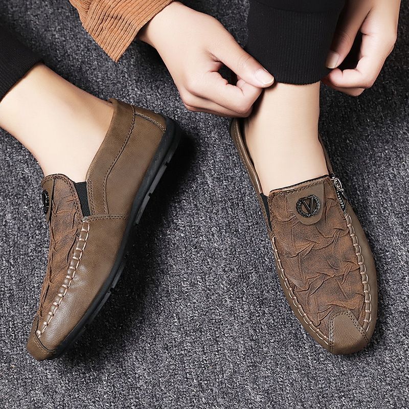 Men's Shoes Four season single retro zipper, casual leather men's slip-on, lazy soft-soled driving pea shoes, men_voghion.com