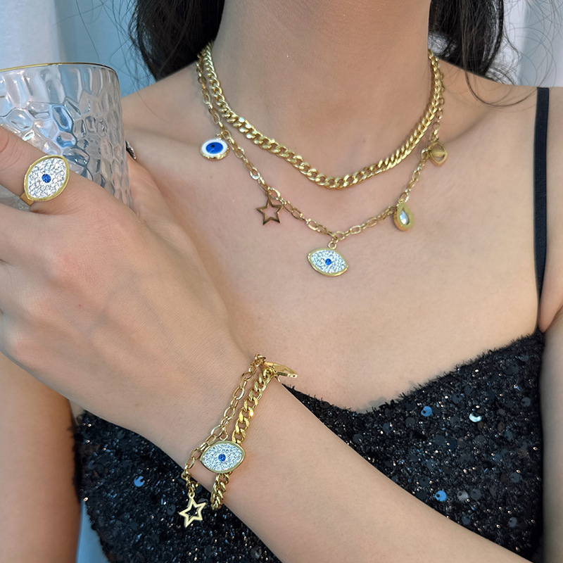 Gute, nuovo set di gioielli minimalista con collana, bracciale, orecchini, anello e doppio strato in acciaio al titanio, resistente alla luce._voghion.com
