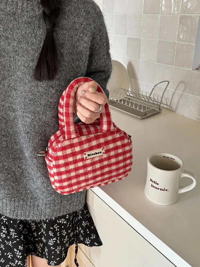 Xiuya Vintage Süße Handtasche für Damen Rot Kariert Buchstaben Weiche Kawaii Crossbody Herbst Winter Schultertasche 240816_voghion.com