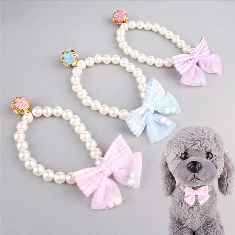 Pet Pearl Necklace Bow Elastic Collar Cat Jewelry Teddy Small And Medium Dog Neckband_voghion.com