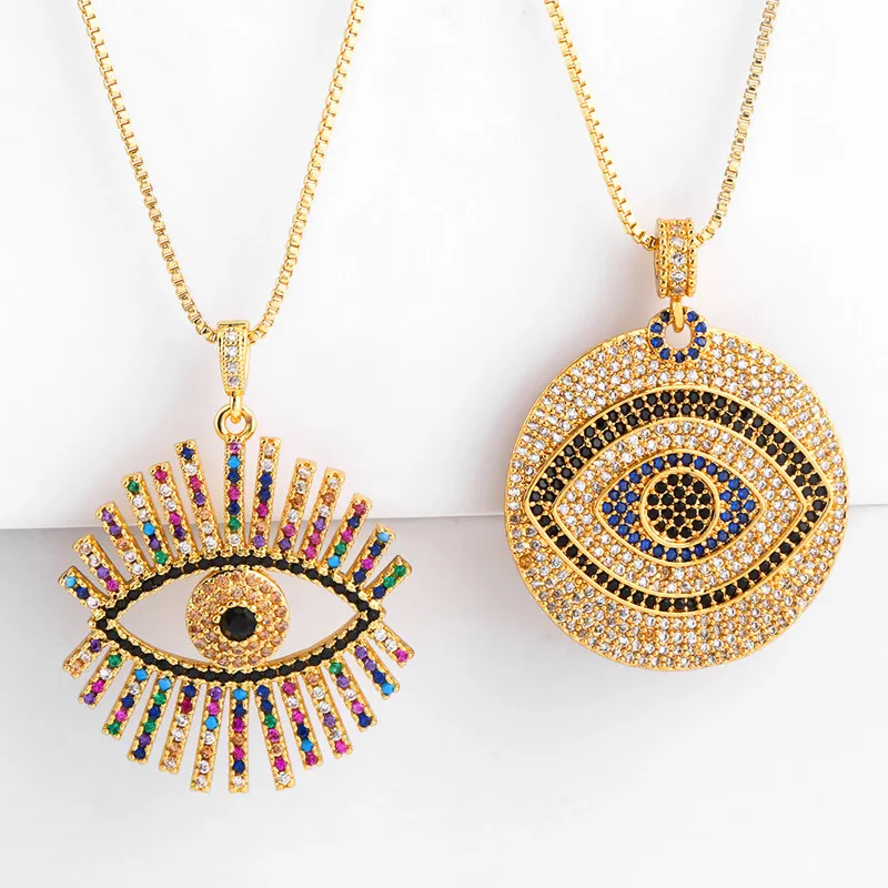 Collar con colgante de mal de ojo, circonita cúbica colorida, collares de moda para mujeres y niñas, gargantilla chapada en oro con circonita cúbica_voghion.com