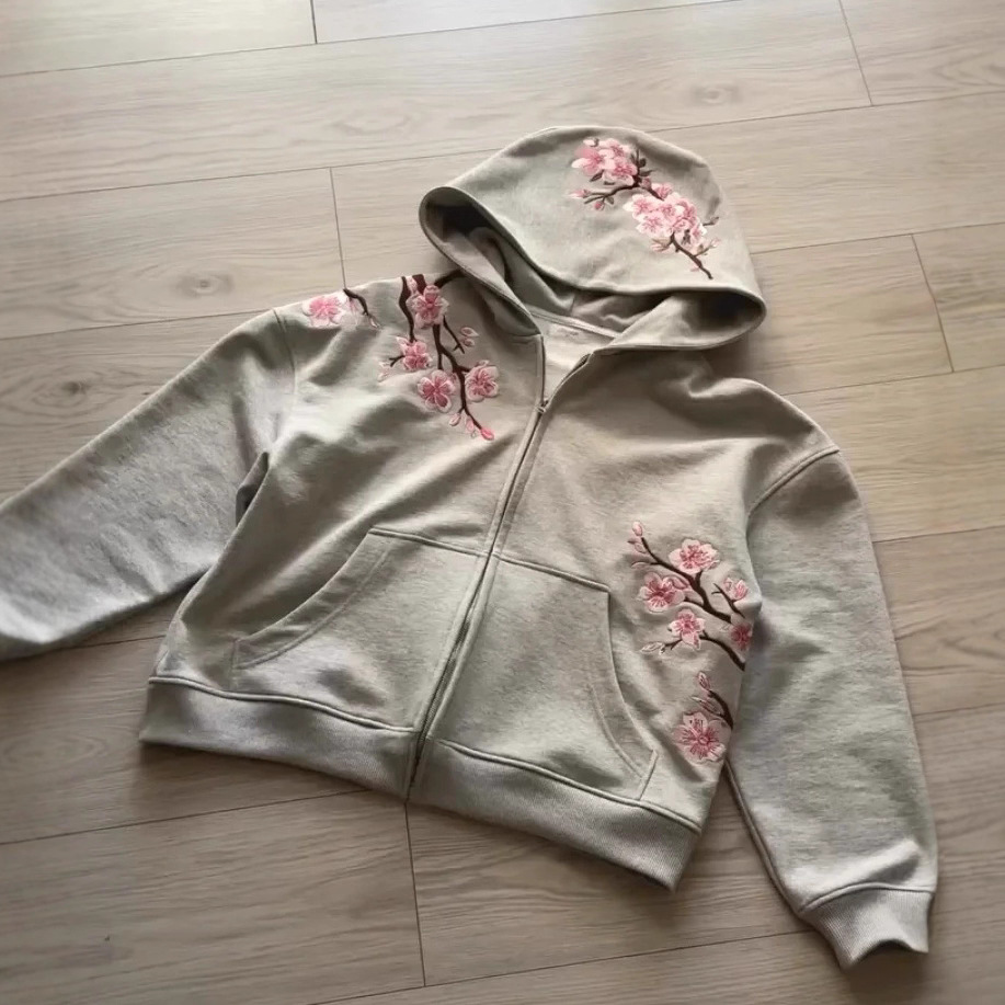 Men’s Clothing Autumn And Winter Sakura Printed Hooded Jacket For Men And Women Foreign Trade European And AmericanFashion Street Cardigan Sweatshirt