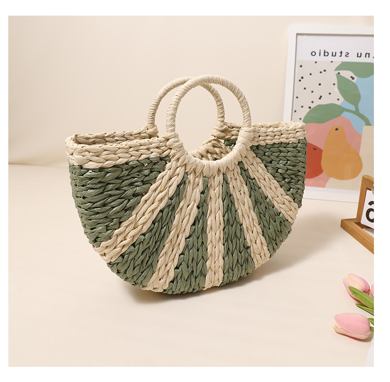 Forest einfache handgehaltene halbrunde Freizeit-Handarbeit aus Stroh gewebt im Urlaubsstil, vielseitige Strandtasche für Damen_voghion.com