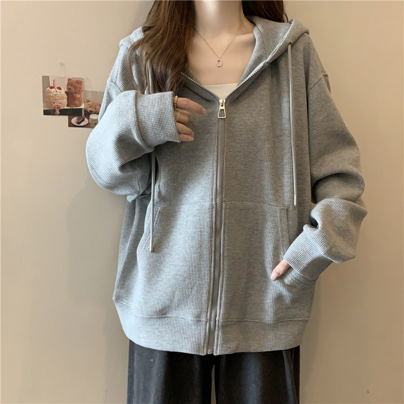 Dames vest met capuchon losvallend casual wafelbreisel grijs_voghion.com