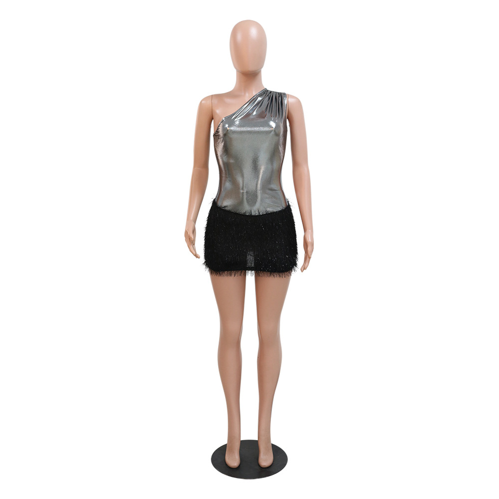 Women's Clothing New Product Fashion Sexy Slim Fit Hip Covering Bright Leather Knitted Wool One Shoulder Short Skirt_voghion.com