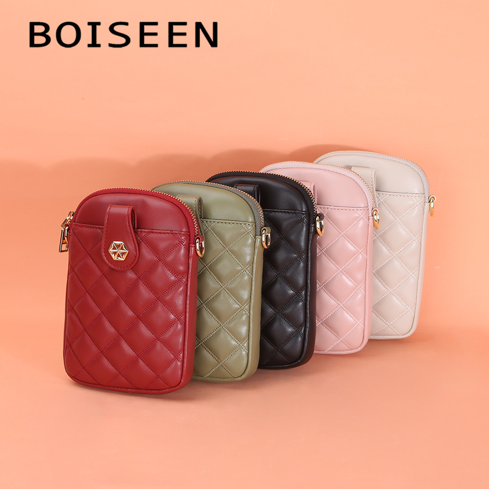 BOISEEN New Mobile Phone Bag Women's European and American Rhombic Large Capacity Single-shoulder Crossbody Women's Bag Vertical Soft Leather Coin Pur_voghion.com