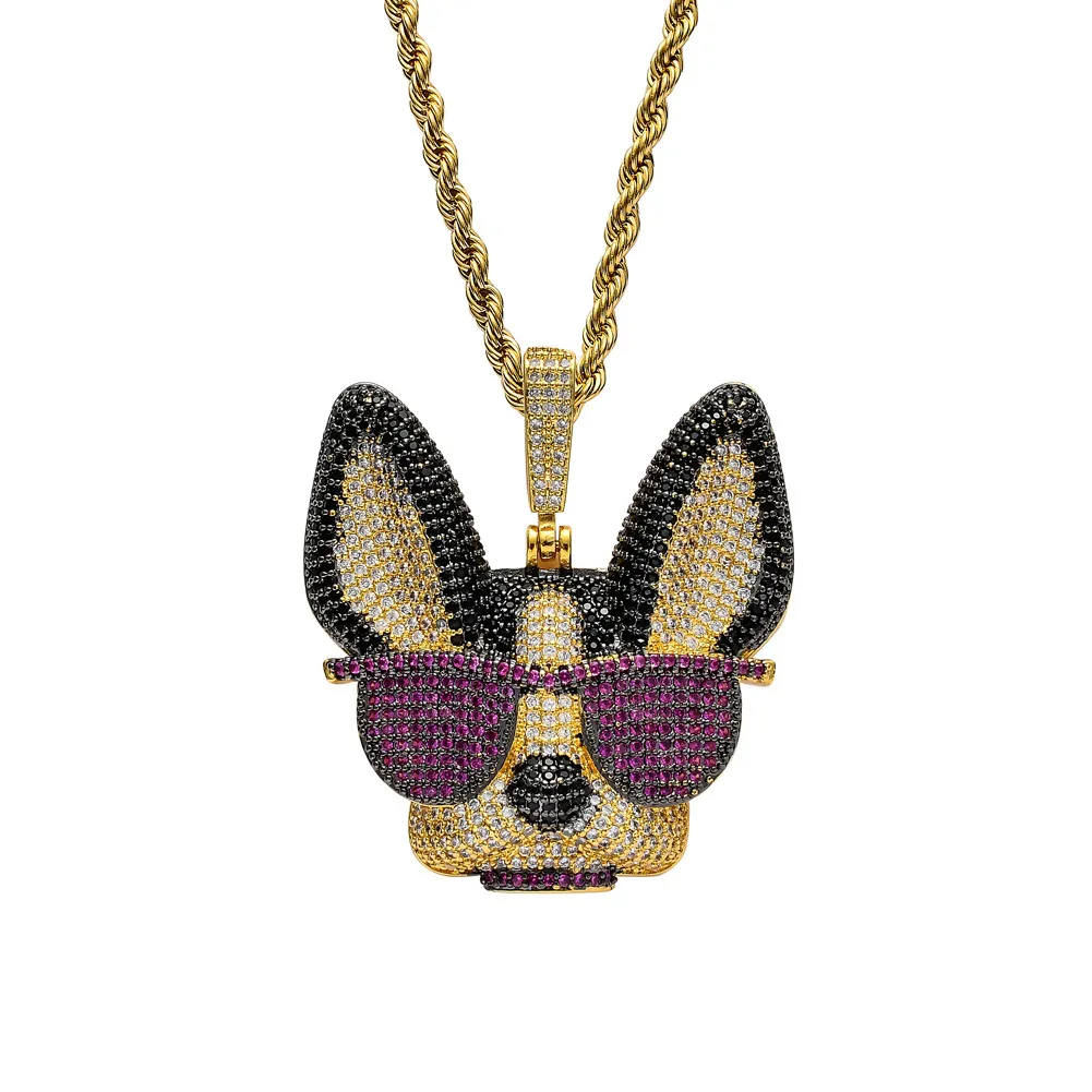 Colgante de latón con circonita cúbica grande y diseño de perro ingenioso con gafas, collar de estilo hip hop helado para hombres y mujeres, joyería de fiesta, regalo CN1371_voghion.com