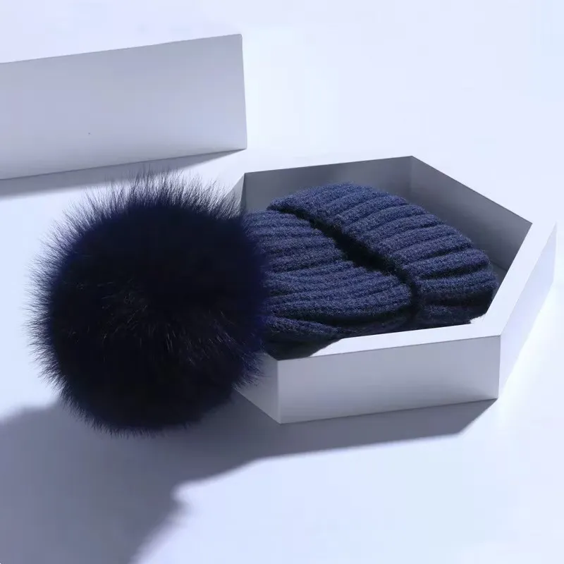 Gorro de lã tricotado de inverno feminino, gorro grosso e quente de pele com pompom, gorro feminino colorido_voghion.com