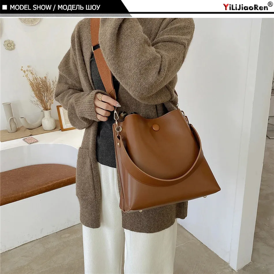 Elegante Damen Bucket Bag Aus Leder Mit Breitem Schultergurt_voghion.com