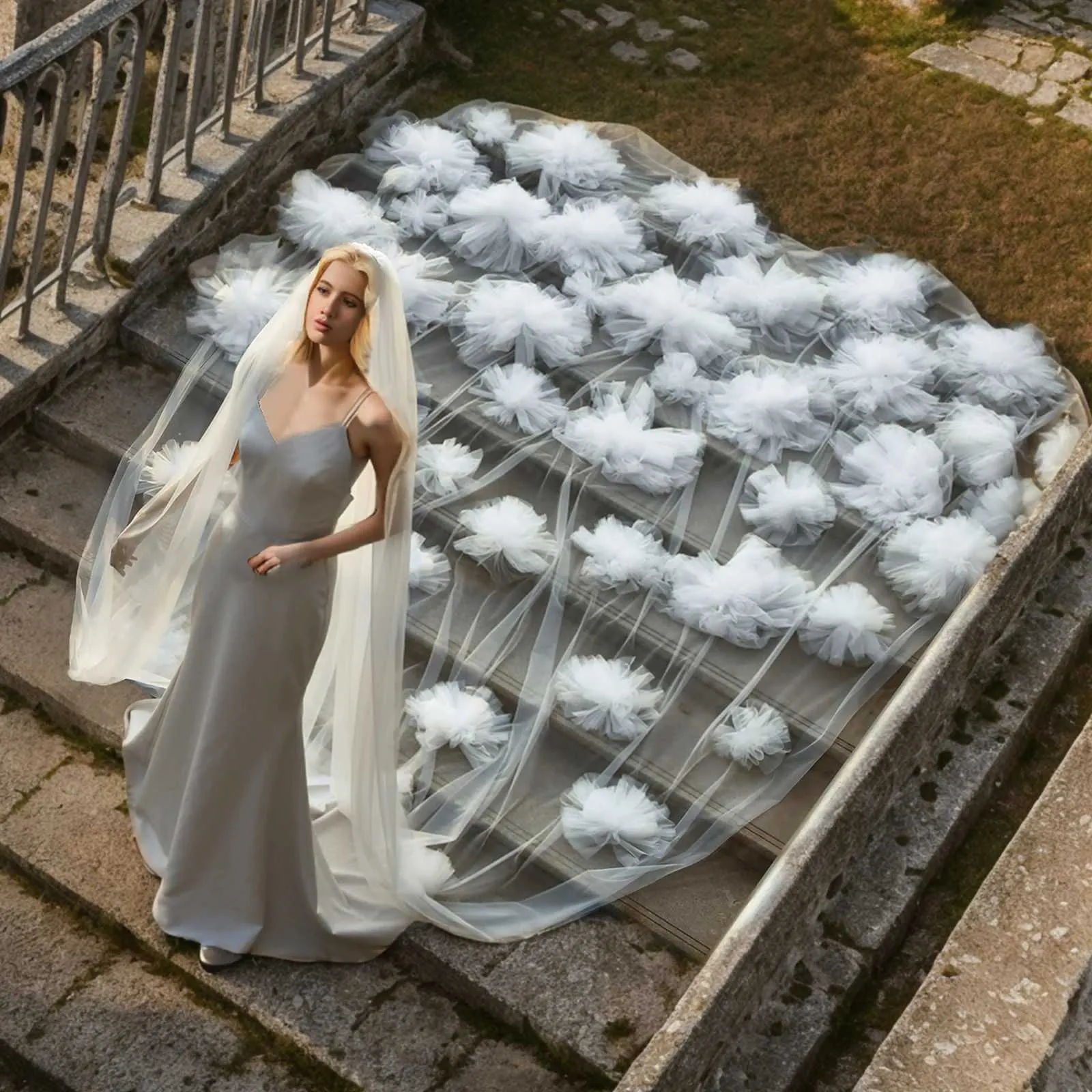 Hair Jewelry MZA104 Cathed Mantilla Wedding Veil Extra Long 3D Flowers Bridal Veils 1 Tier Soft Tllue Romance Big_voghion.com