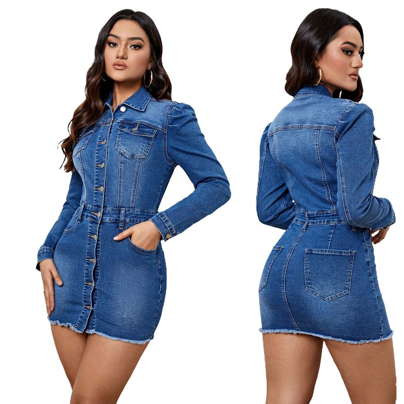 sexy fashionable women's long sleeved Waist and hip slimming jumpsuit denim skirt_voghion.com