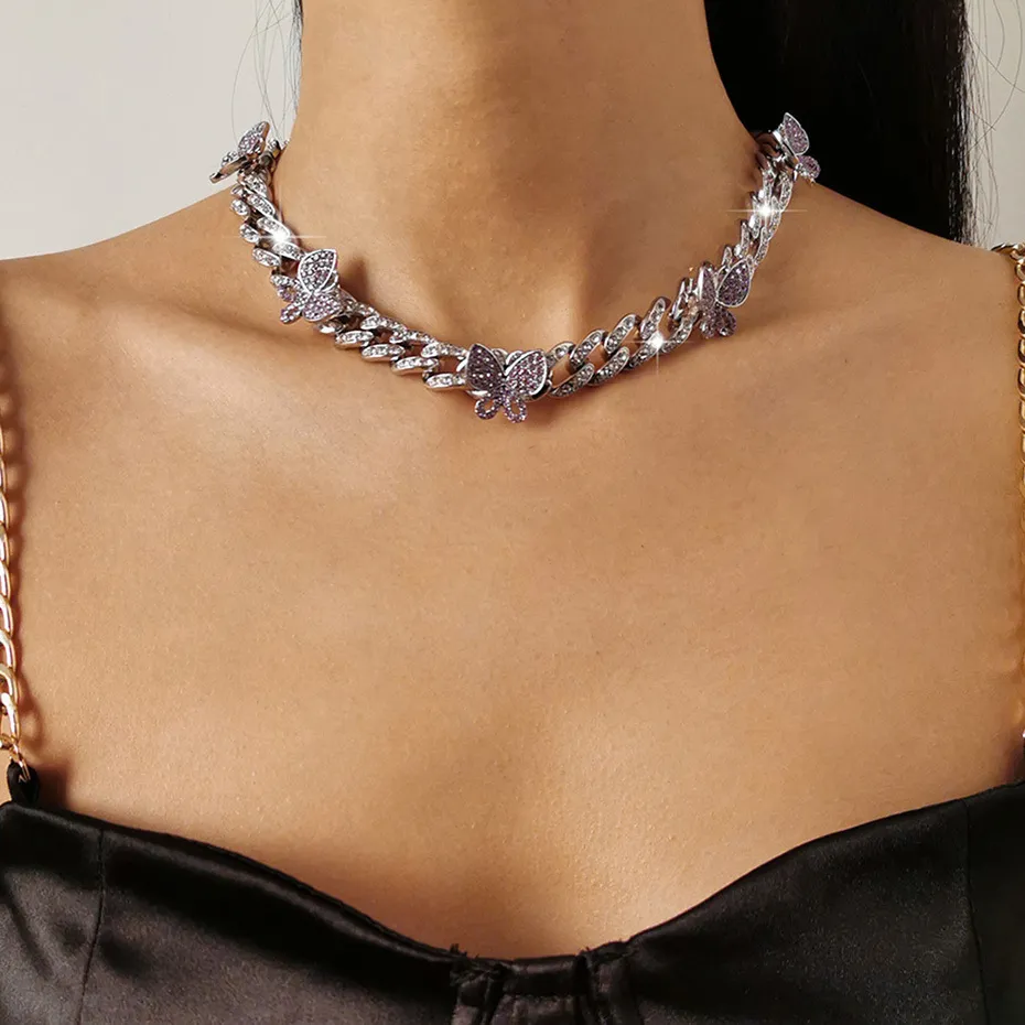 Collana a farfalla punk ghiacciata, 1 pezzo, catena cubana a forma di farfalla, con ciondolo a forma di cuore, stile rapper, bracciale e collane._voghion.com