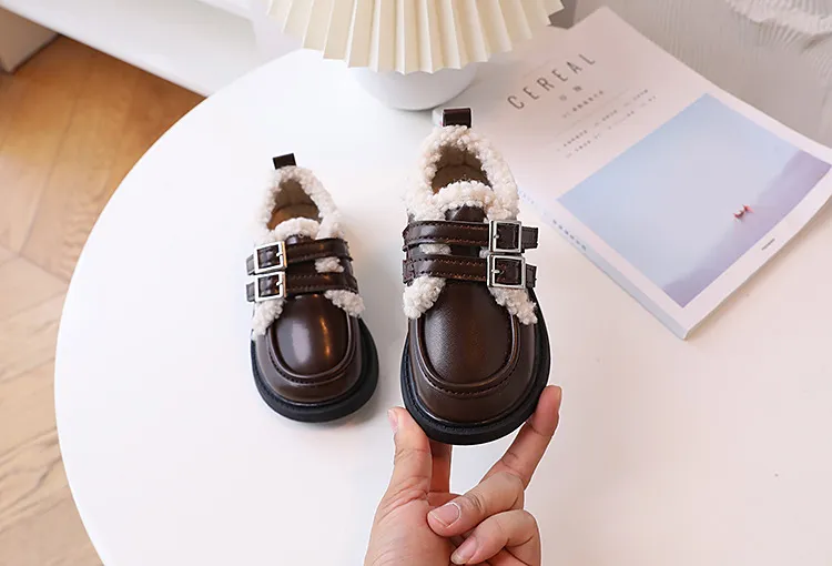 Children Leather Loafers For Boys Girls Winter Thick Soled Lamb Wool Warm Girl Uniform Princess School Cotton Shoes_voghion.com