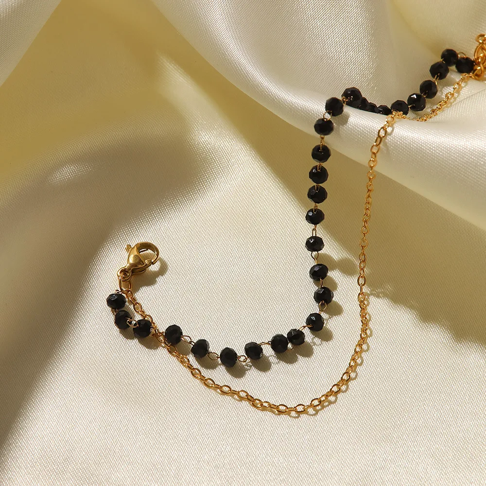 Lanțuri stil boho din oțel inoxidabil cu mărgele negre și piatră de sticlă dublă colier felie accesorii pentru femei_voghion.com