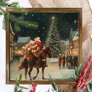 Tablou de perete din lemn cu Moș Crăciun cowboy de 20x20 cm - Moș Crăciun festiv din vest, cal călare sub stele. Decor unic de Crăciun, în stil rustic._voghion.com