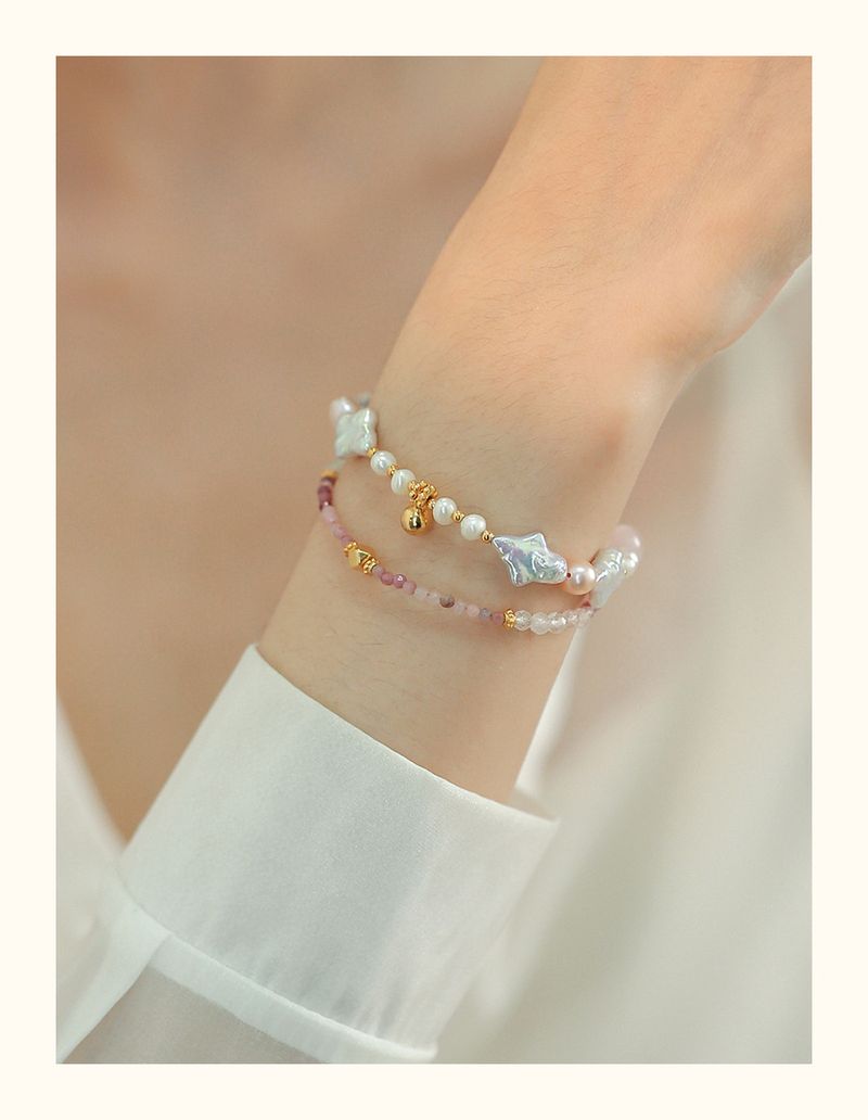 Braccialetto alla moda barocco da donna francese irregolare esotica con perle a doppio strato e fibbia OT in tormalina rosa_voghion.com