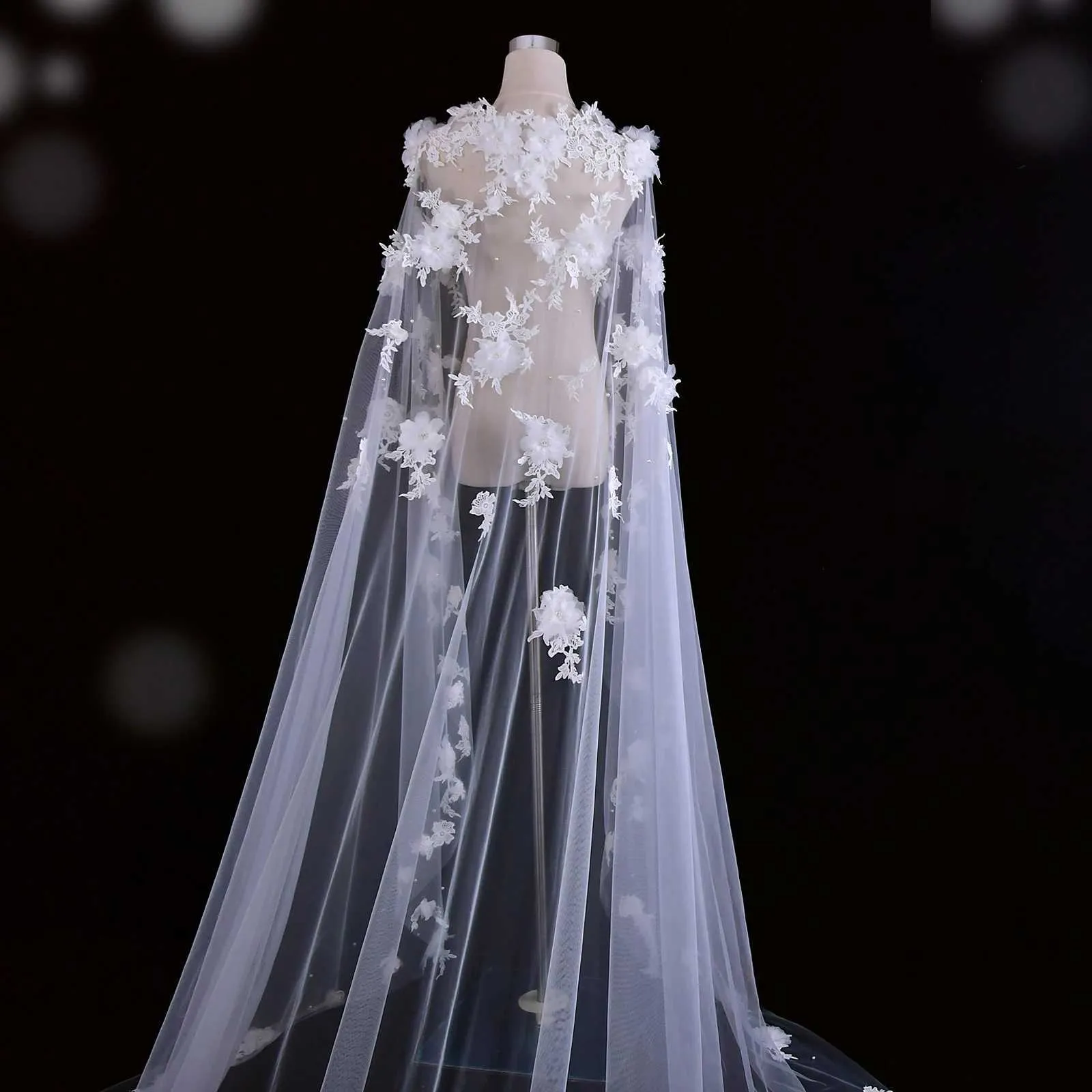 Hair Jewelry Womens Long Capes Veil 3D Flowers Bridal Cloak Wedding Accessories For Bride Bolero Shawl Soft Evening Cape_voghion.com