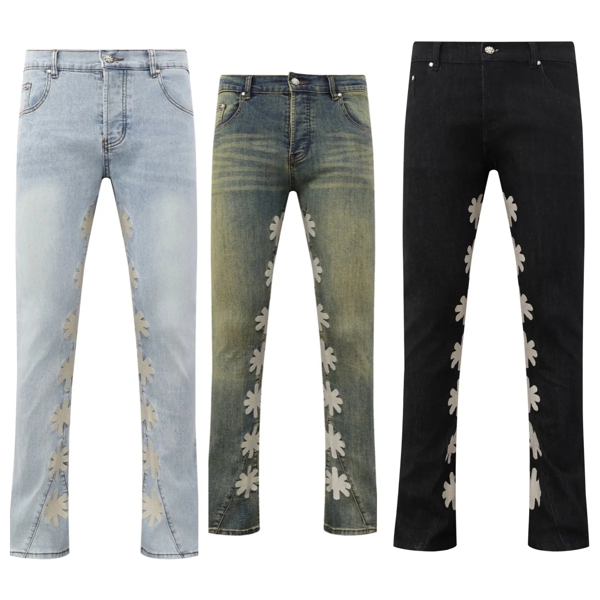 Men's Streetwear Inner Side Floral Embroidery Black Blue LOSTSHDWS Jeans For Men Straight Loose Pockets Denim Pants_mkmklike.com
