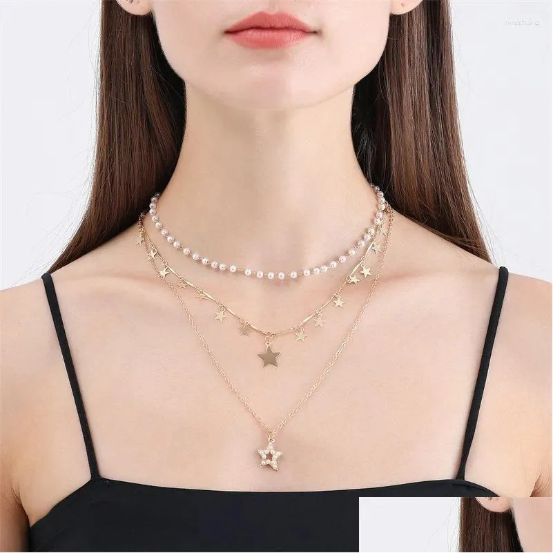 Kolye Kolye Bohem Katmanlı El Yapımı Yıldız Taklit İnci Vintage Chokers Kadınlar İçin Altın Renkli Kolye Moda_voghion.com
