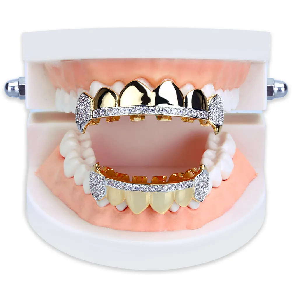 Echtes Gold Zähne Fang Grillz Punk Hip Hop Cubic Zirkon Iced Out Vampire Dental Mund Grills Zahnspangen Zahnkappe Rapper_voghion.com