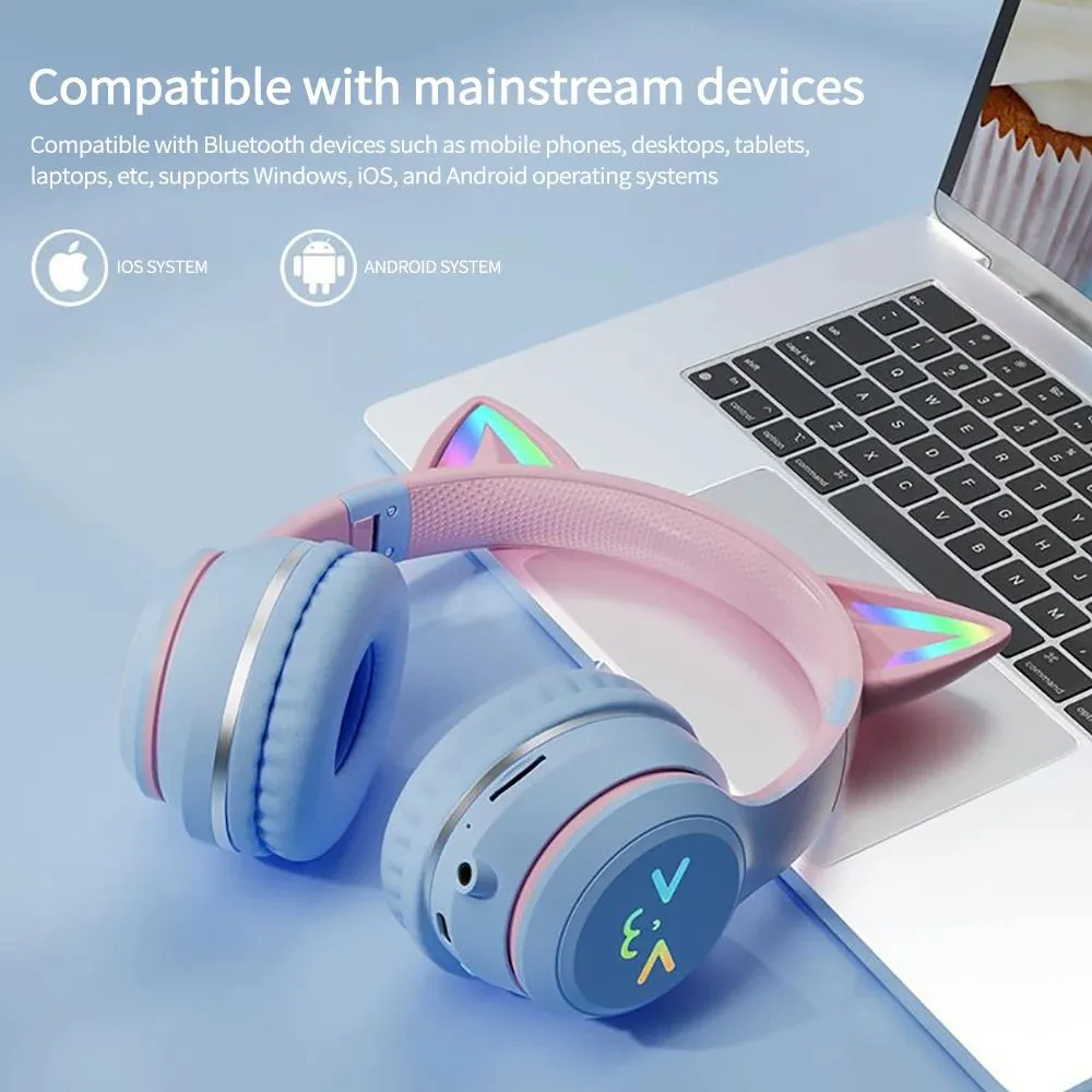 Gradient Bluetooth Headphones With Cat Ears And Rgb Microphone_voghion.com