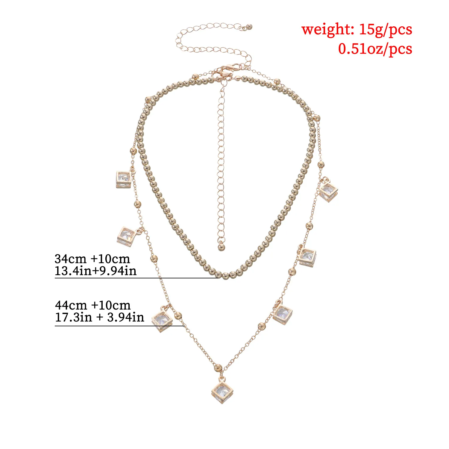Collane con ciondolo Collana con doppio strato di cristallo quadrato per donna Squisita personalità Semplice perline rotonde Clavicola_voghion.com