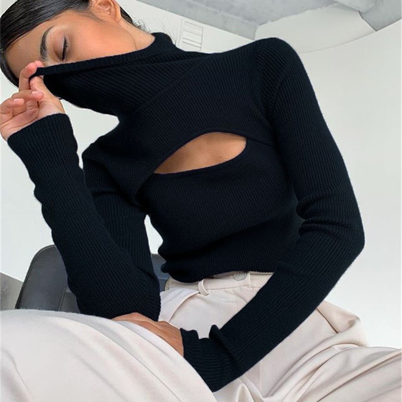 Ropa de mujer Sudadera de punto de manga larga con escote en el pecho para mujer