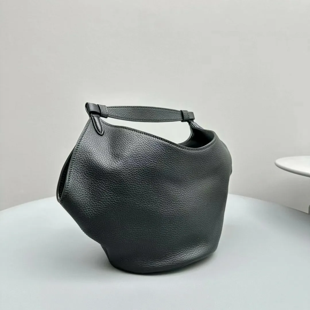 Black Real Calf Leather Mini Lotus Bucket Bag Top Handle Handbag For Women 2024_voghion.com