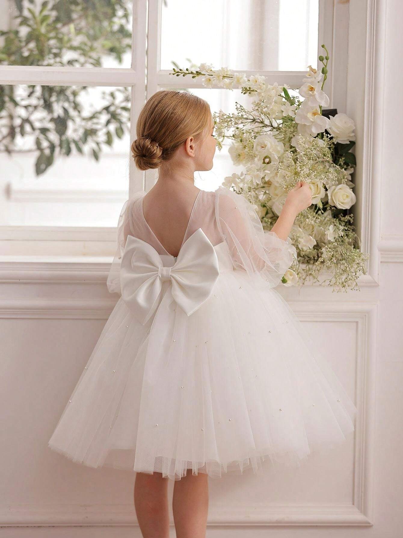 Robe de fête pour enfant, robe de princesse à nœud et fleurs, idéale pour un mariage, une fête, un anniversaire, Noël, un bal de fin d'année ou toute autre occasion importante._voghion.com