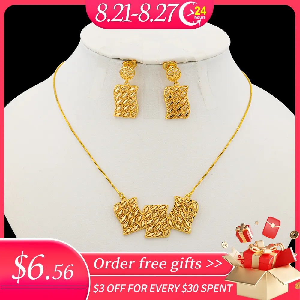 Set di gioielli color oro per matrimonio, orecchini con collana carina, fiore, foglia, stella, ciondolo, squisita catena a maglie, orecchini a bottone romantici_voghion.com