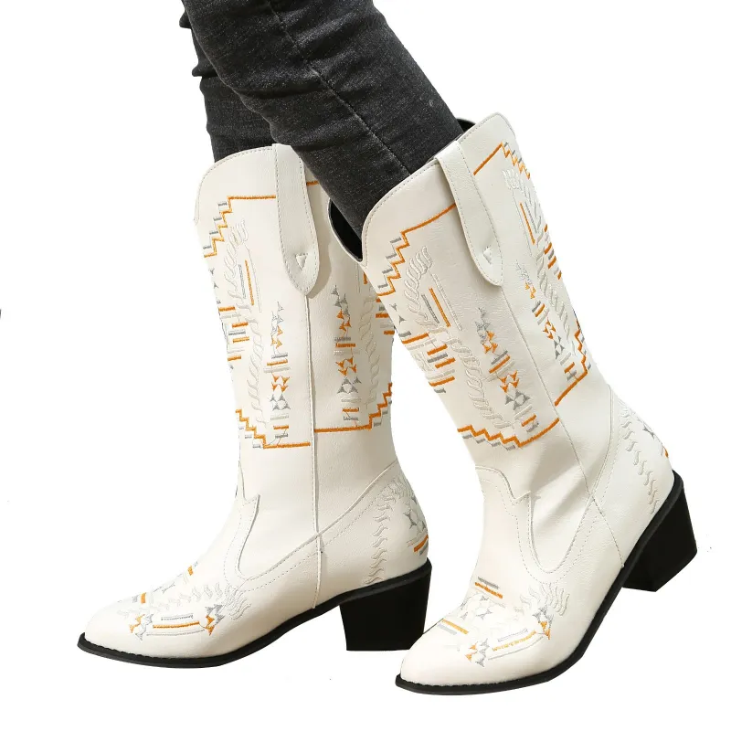 Echtes Leder Cowgirl Chunky Marke Designer Cowboy Stiefel Sticken Casual Schuhe Kosaken Retro Botas Mujer_voghion.com