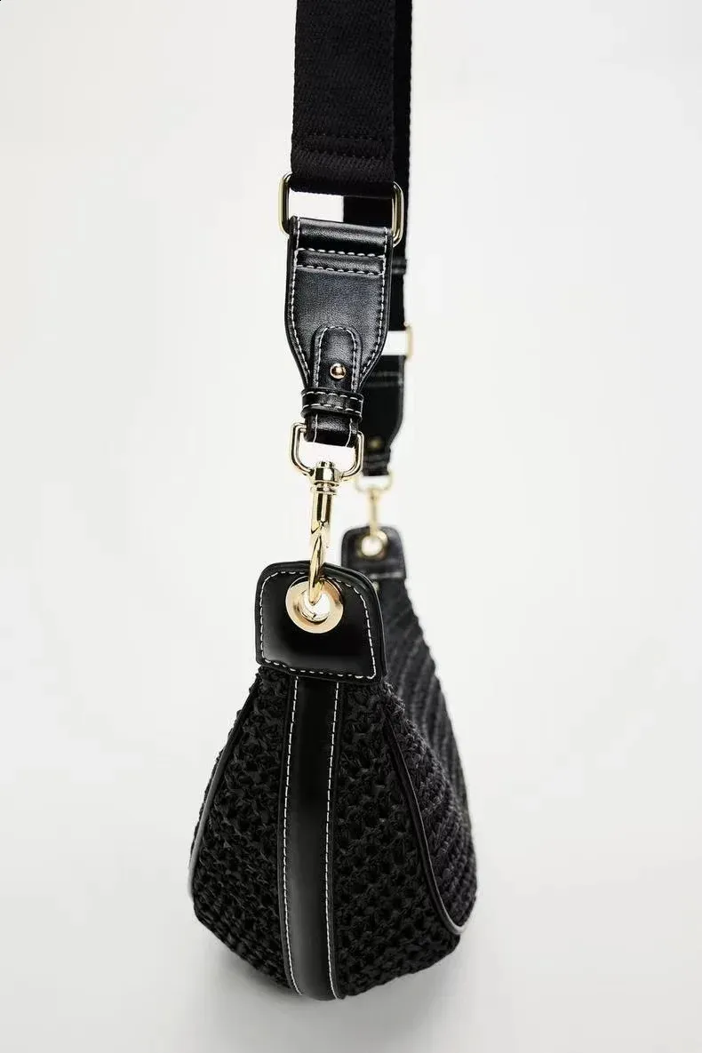 Borsa a tracolla da viaggio a mezza luna in paglia intrecciata alla moda per donna, borsa a tracolla fatta a mano 240907_voghion.com