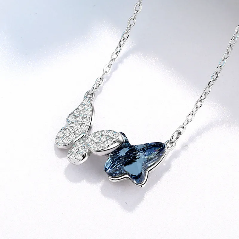 Collane con ciondolo da donna, elegante catena alla moda, a forma di farfalla blu, in argento sterling, collana rotonda 230426_voghion.com