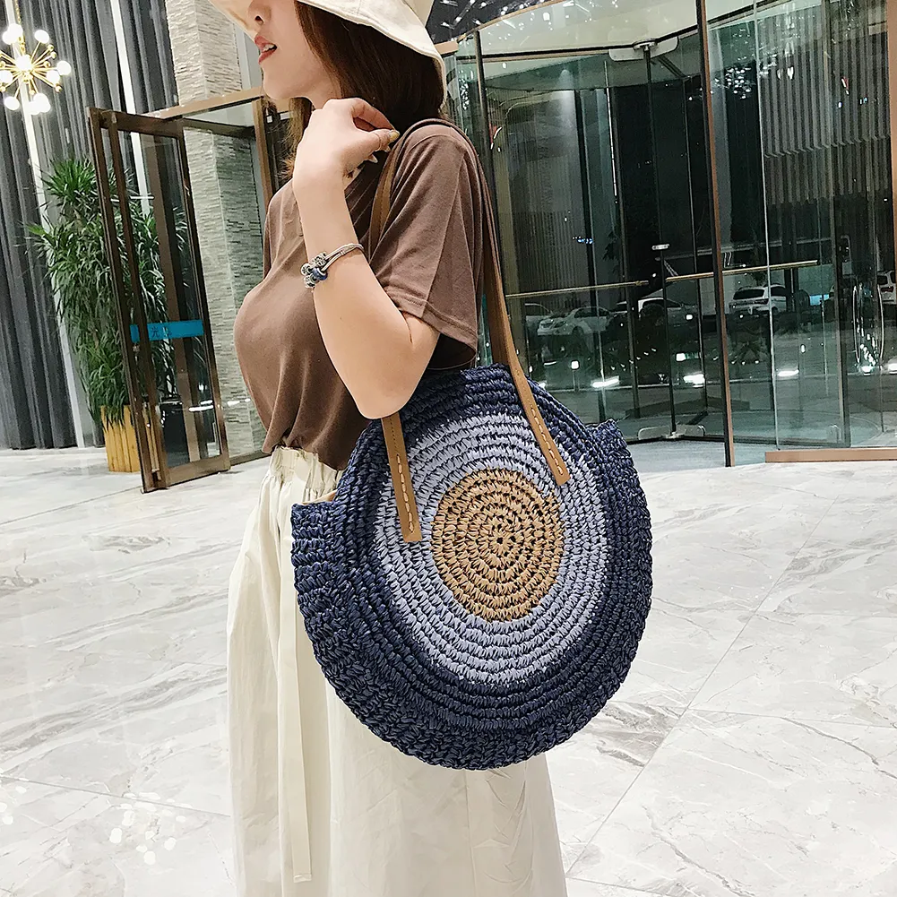 Borsa a tracolla rotonda estiva da donna in rattan intrecciato, in paglia, fatta a mano, da spiaggia, per la spesa, con manico superiore_voghion.com