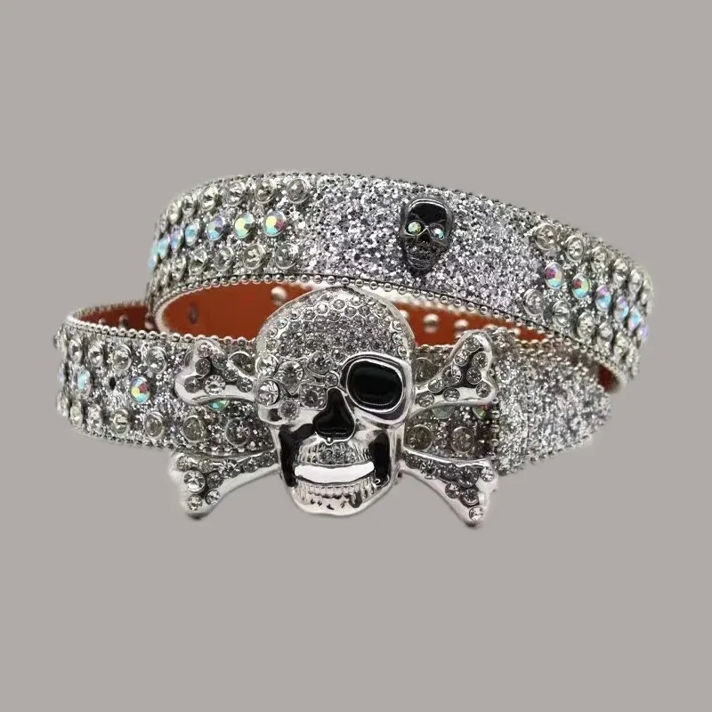 Ceinture en cuir avec boucle en bronze pour hommes, décontractée, de styliste, vert, violet, diamants brillants, bb, exquise, en forme de crâne_voghion.com