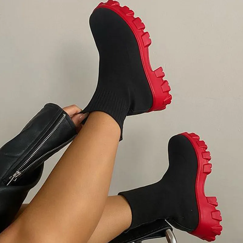Scarpe autunnali corte con plateau e maglia per le donne Stivaletti con tacco Bianco Inverno Botas Mujer_voghion.com