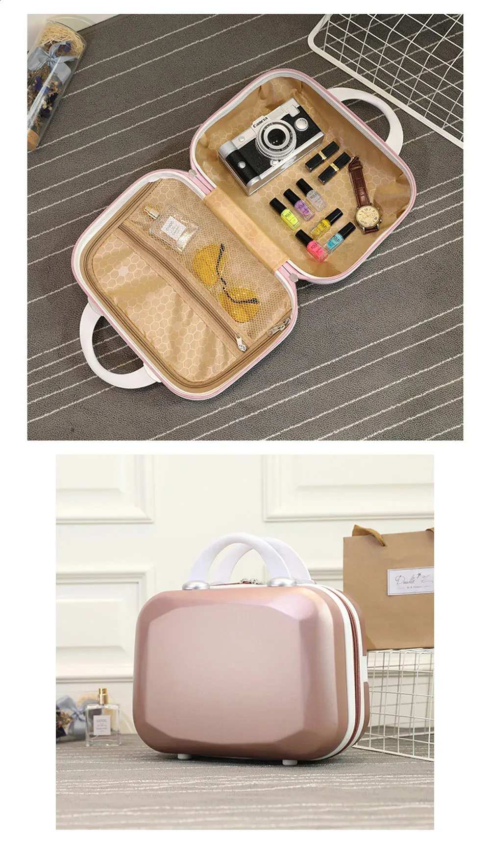 Neceser pequeño de viaje para mujer, de 14 pulgadas, color rosa, azul, morado y caqui. Material compresivo grande, tamaño 30-15,5-23 cm. 240729_voghion.com