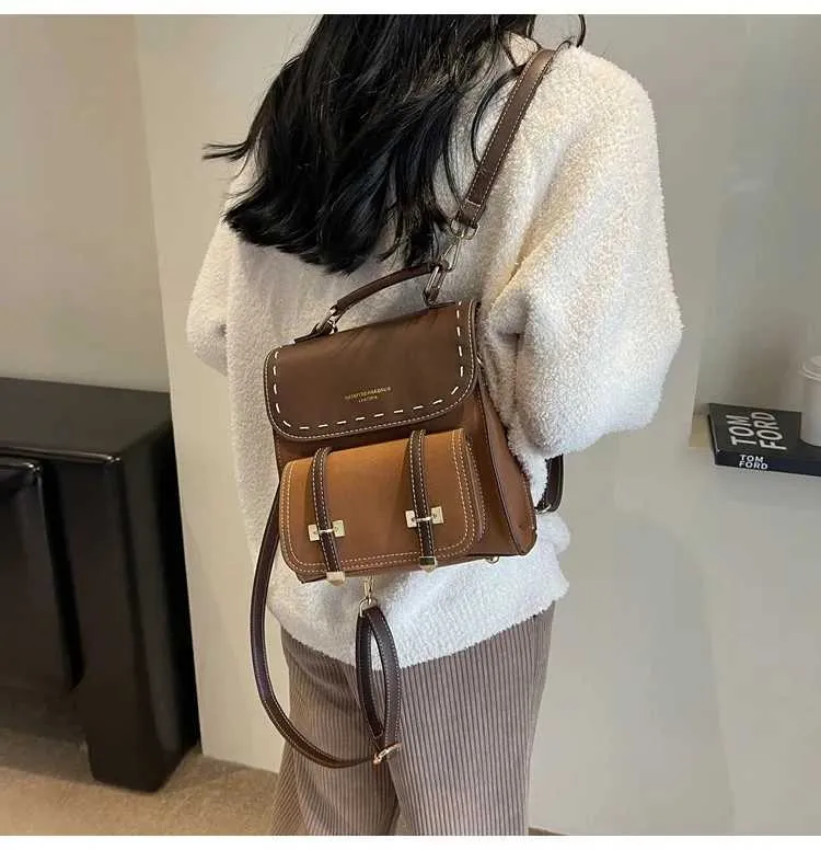 Vintage Farbblock Rucksack Und Umhängetasche Für Damen_voghion.com