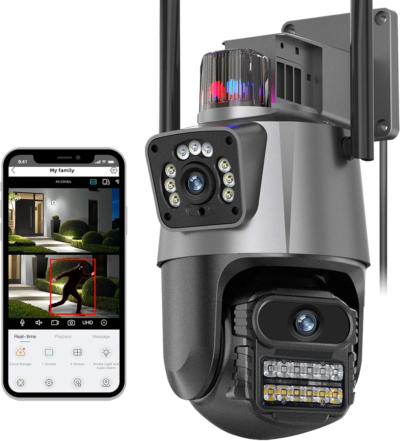 Cámara de seguridad para exteriores, cámaras exteriores inalámbricas PTZ de doble lente para seguridad en el hogar, IP66 a prueba de agua, seguimiento de IA, alarma de luz, noche en color, conversación bidireccional