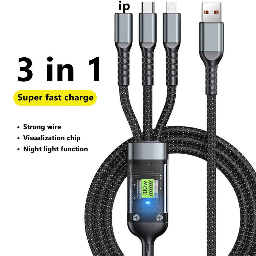 100W Cyber Edition Transparent Window Night Light LED Braided One Tow Three Data Cable Type-C Cell Phone Fast Charging_voghion.com