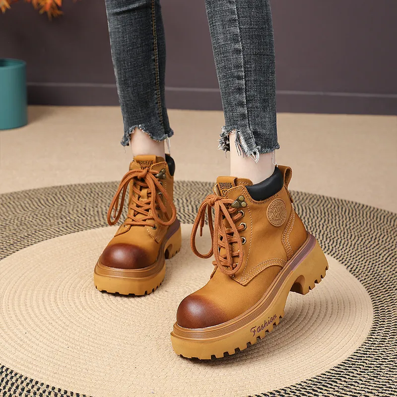 Genuine Leather Motorcycle Boots For Women Round Toe Thick Sole_voghion.com