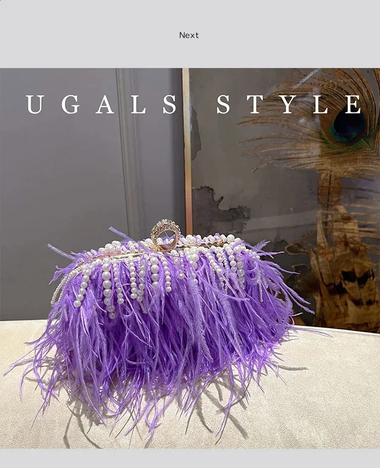 Pochette de soirée en plumes avec perles pour mariage et soirée_voghion.com