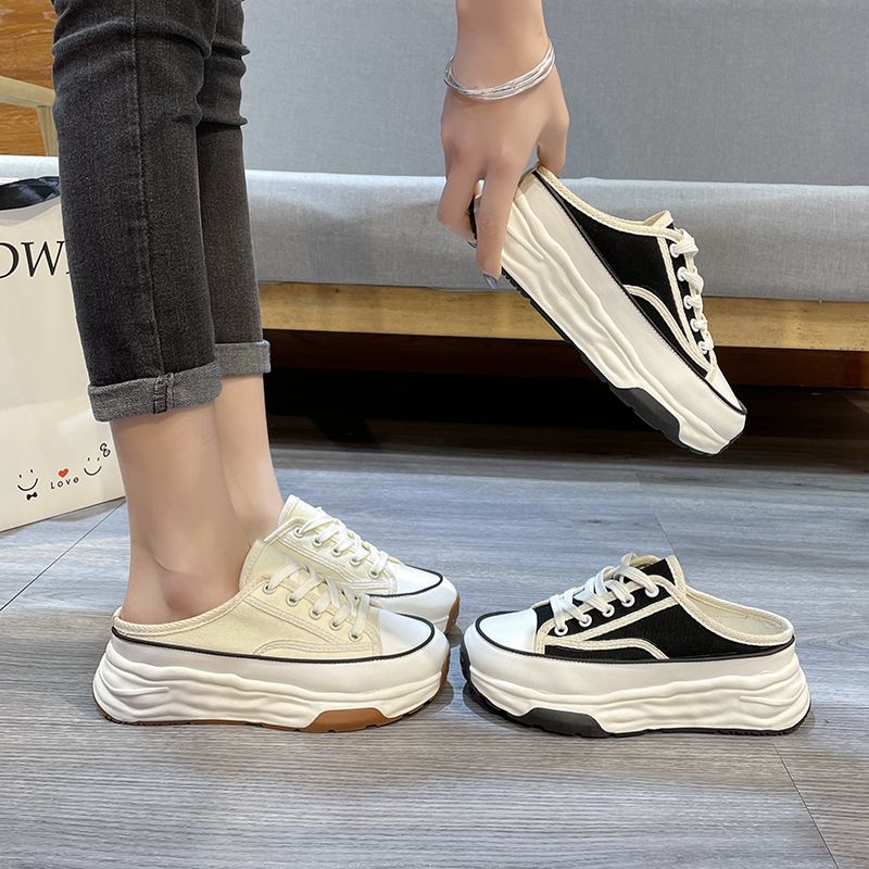 Pantofole casual in tela con lacci e stile Baotou, metà nuovo, primavera-autunno, moda donna 2023_voghion.com
