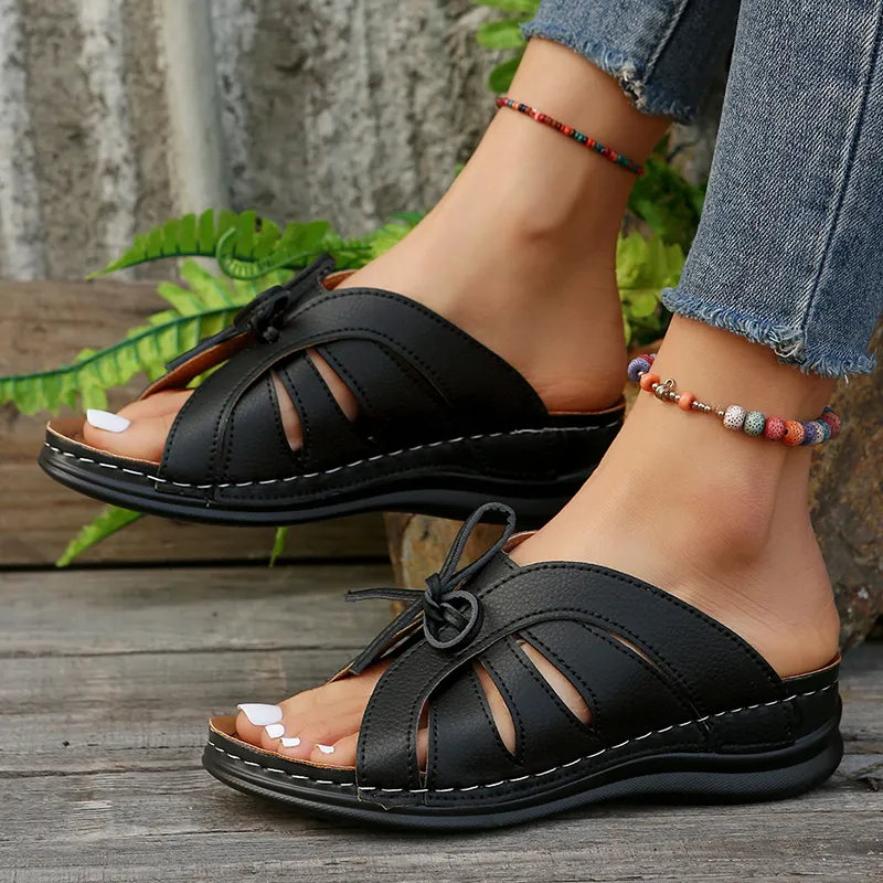 Vintage Lucyever Knowknot Plateau-Slides Schuh Damen Leichte weiße Keilpantoffeln Damen Strandsandalen mit weicher Sohle_voghion.com