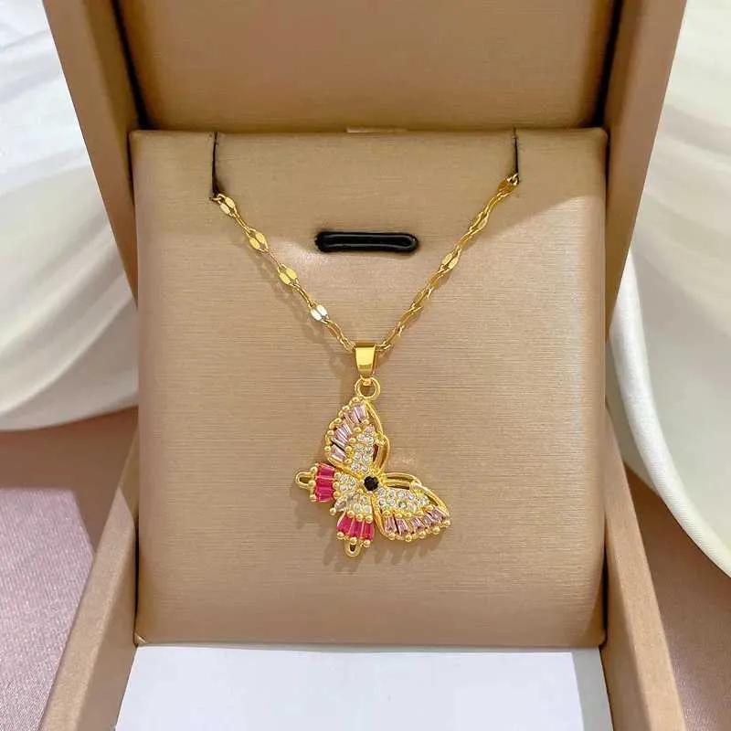 Collane in acciaio inossidabile, elegante collana con ciondolo a farfalla, catena con strass per donna, girocollo con cristalli scintillanti_voghion.com