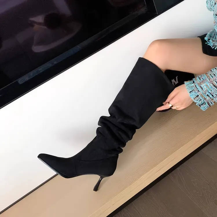 Designer-Stiefel im amerikanischen Retro-Westernstil für Damen, dünne Absätze, spitze Zehen, gestapelte breite große Röhre, Umfang, würzig_voghion.com